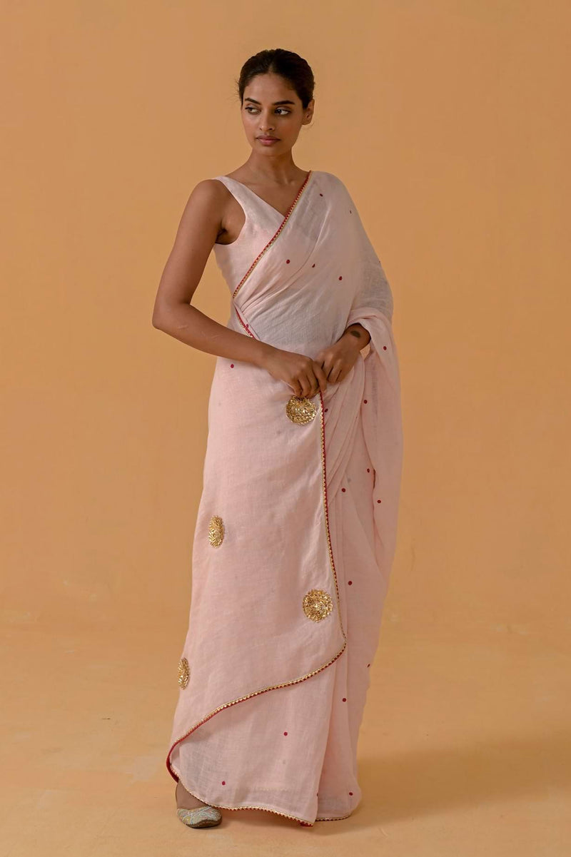 Gulabi Glow Baby Pink Gauze Linen Saree
