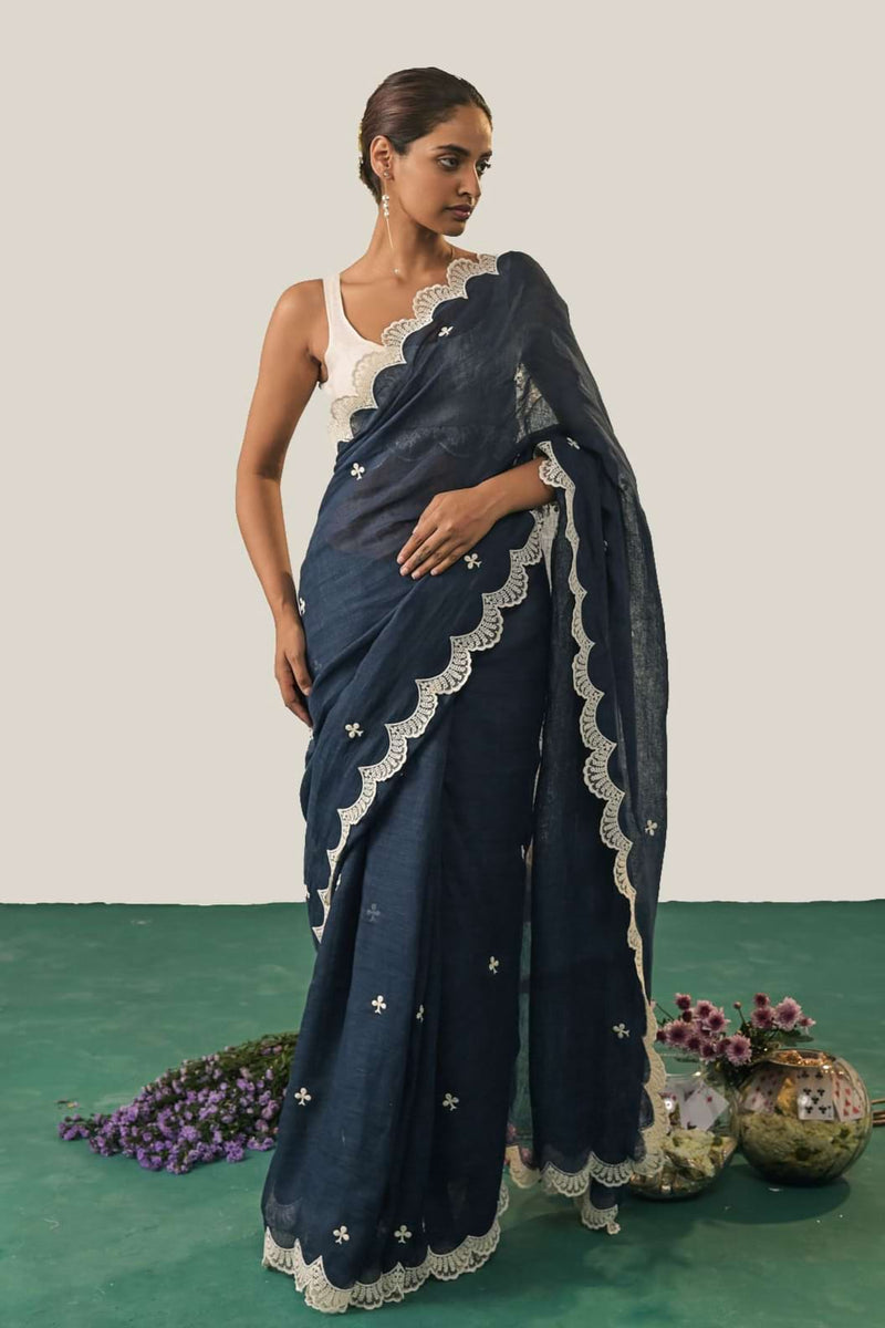 The Queen of Clubs Navy Blue Linen Saree