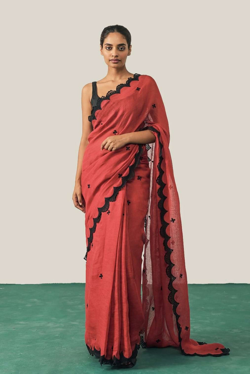 The Queen of Clubs Red Linen Saree
