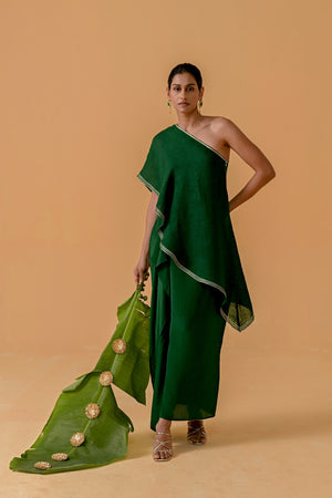 Draped Dilkashi Top and Skirt Set - Bottle Green