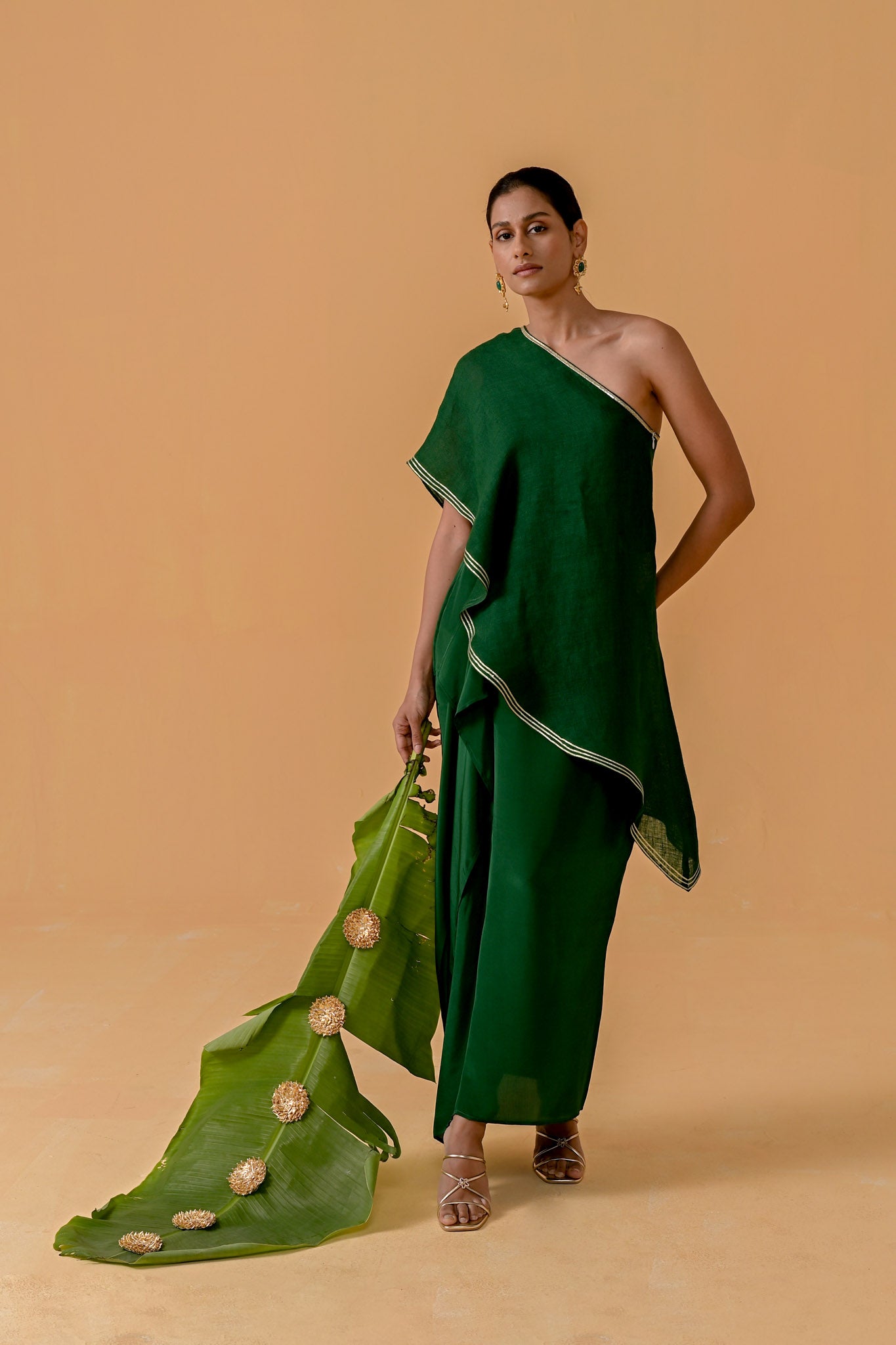 Draped Dilkashi Top and Skirt Set - Bottle Green