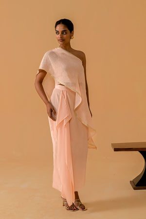 Draped Dilkashi Top and Skirt Set - Peach