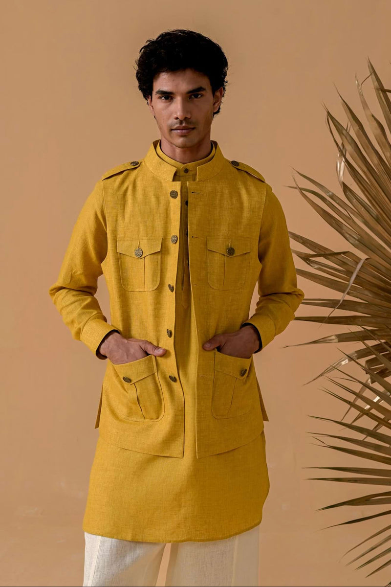 Jashn-e-Vogue Mustard Linen Waistcoat