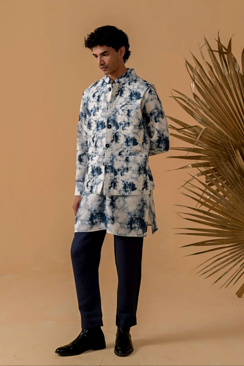Nawaab Moves Blue Shibori Linen Waistcoat