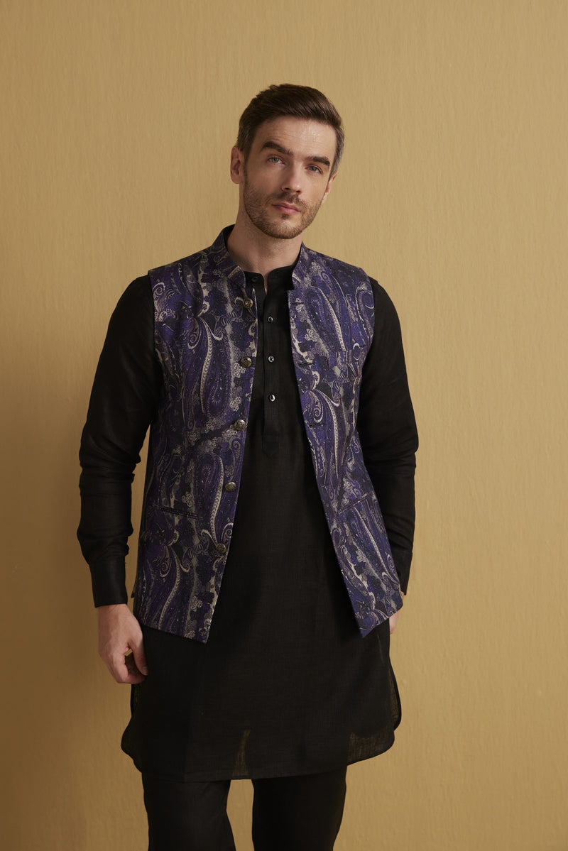 The Shahan Eggplant Paisley Linen Coat