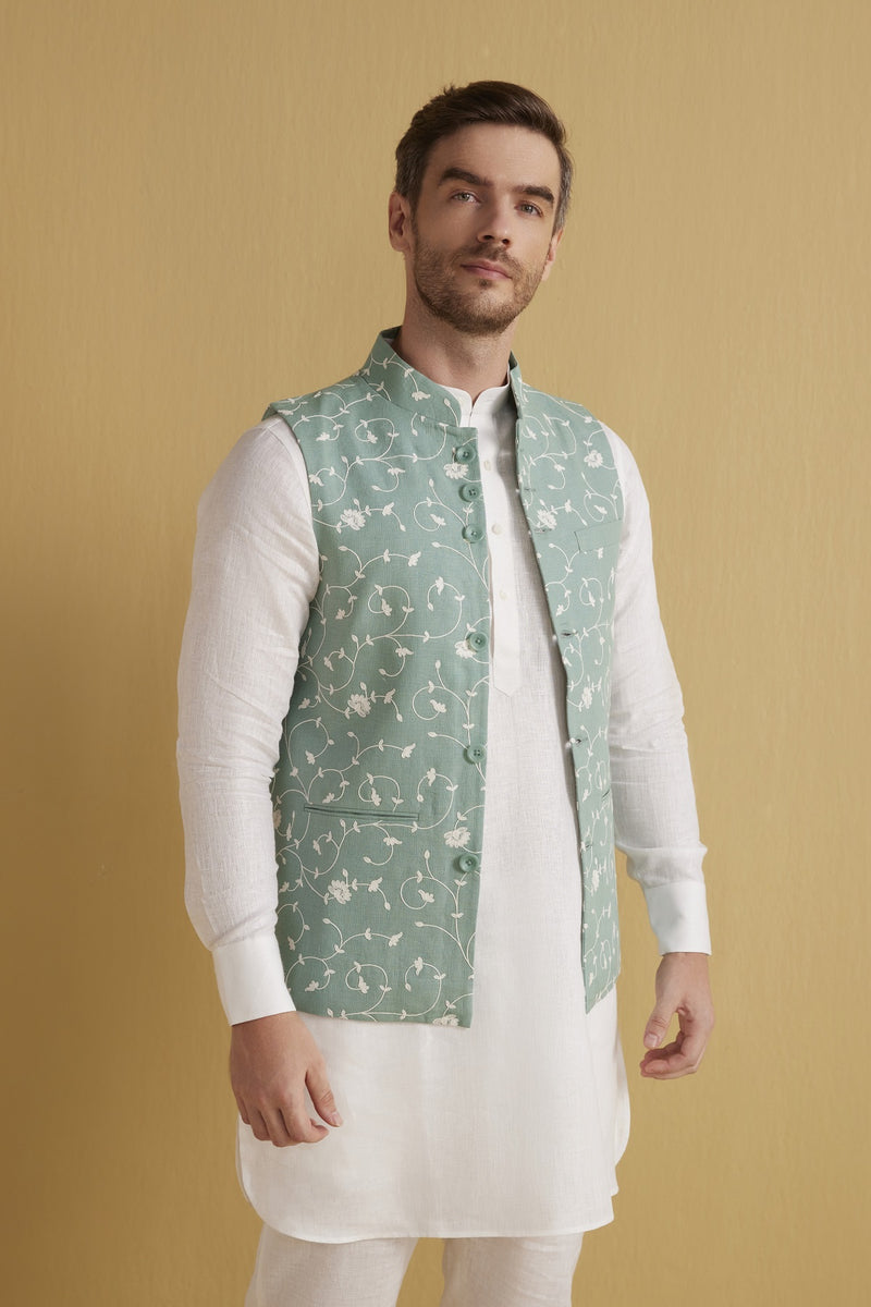 The Shahan Sea Green Mogra Linen Coat