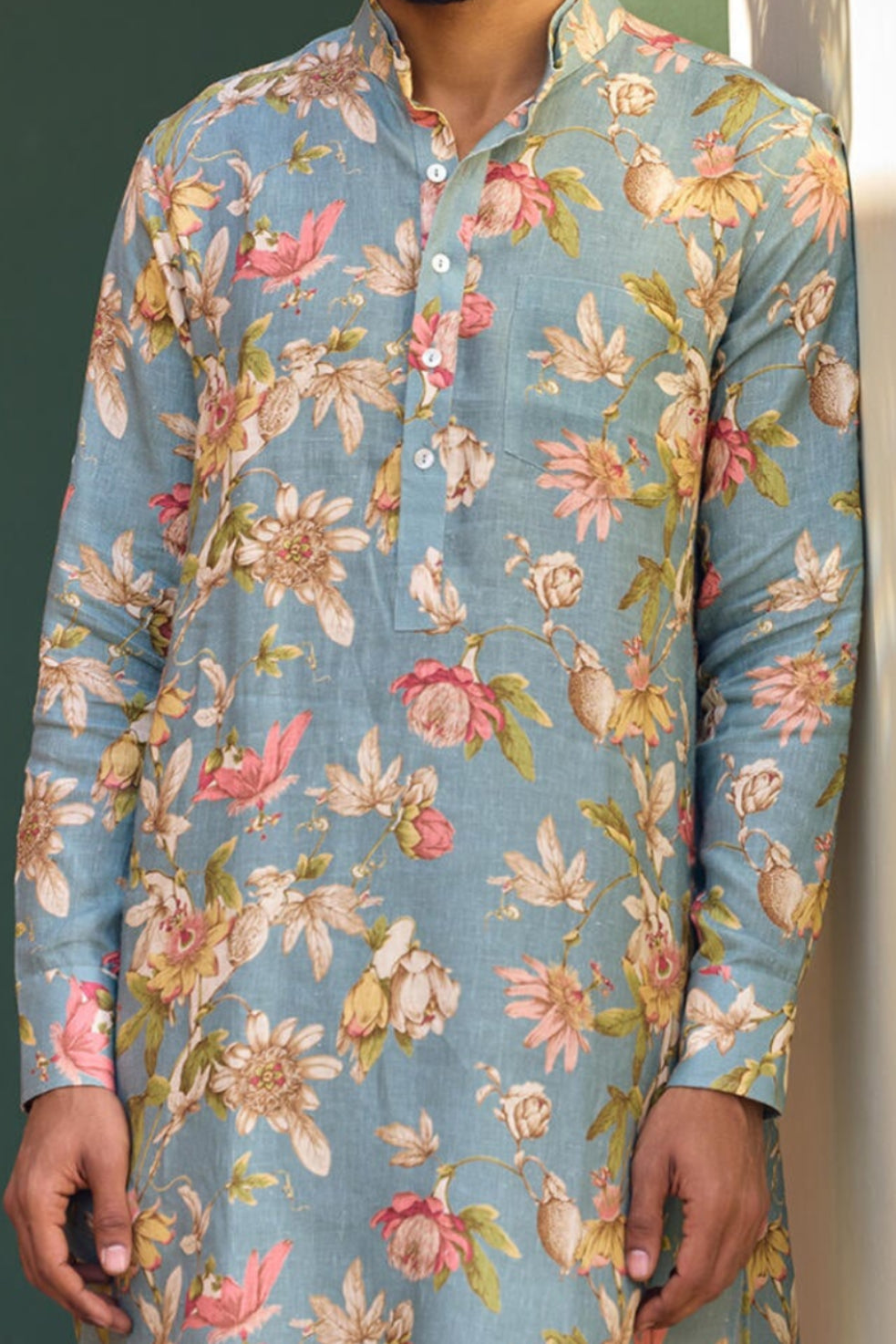 The Irshaad Sage Green Linen Kurta