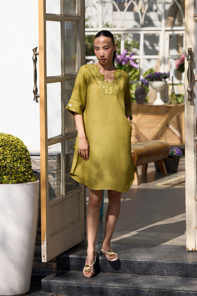 The Guftagu Fern Green Linen Dress