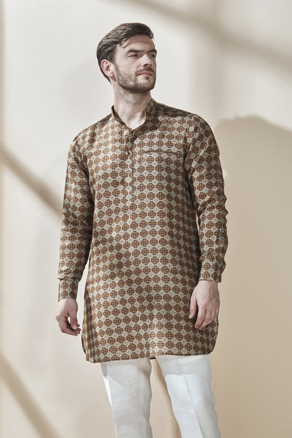 The Occhave Brown Printed Linen Kurta for Men - Yellwithus.com