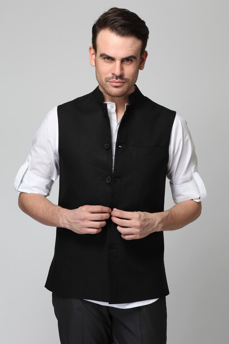 Vintage Men's Black Linen Nehru Jacket