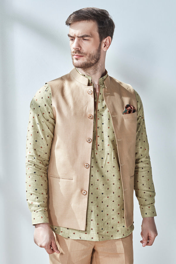 The Samrat Mocha Linen Nehru Jacket for Man -Yellwithus.com