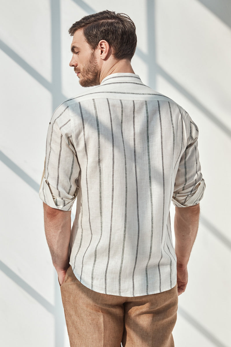 Striped Natural Kurta - White Stripe Linen Kurta for Men l Yellwithus.com