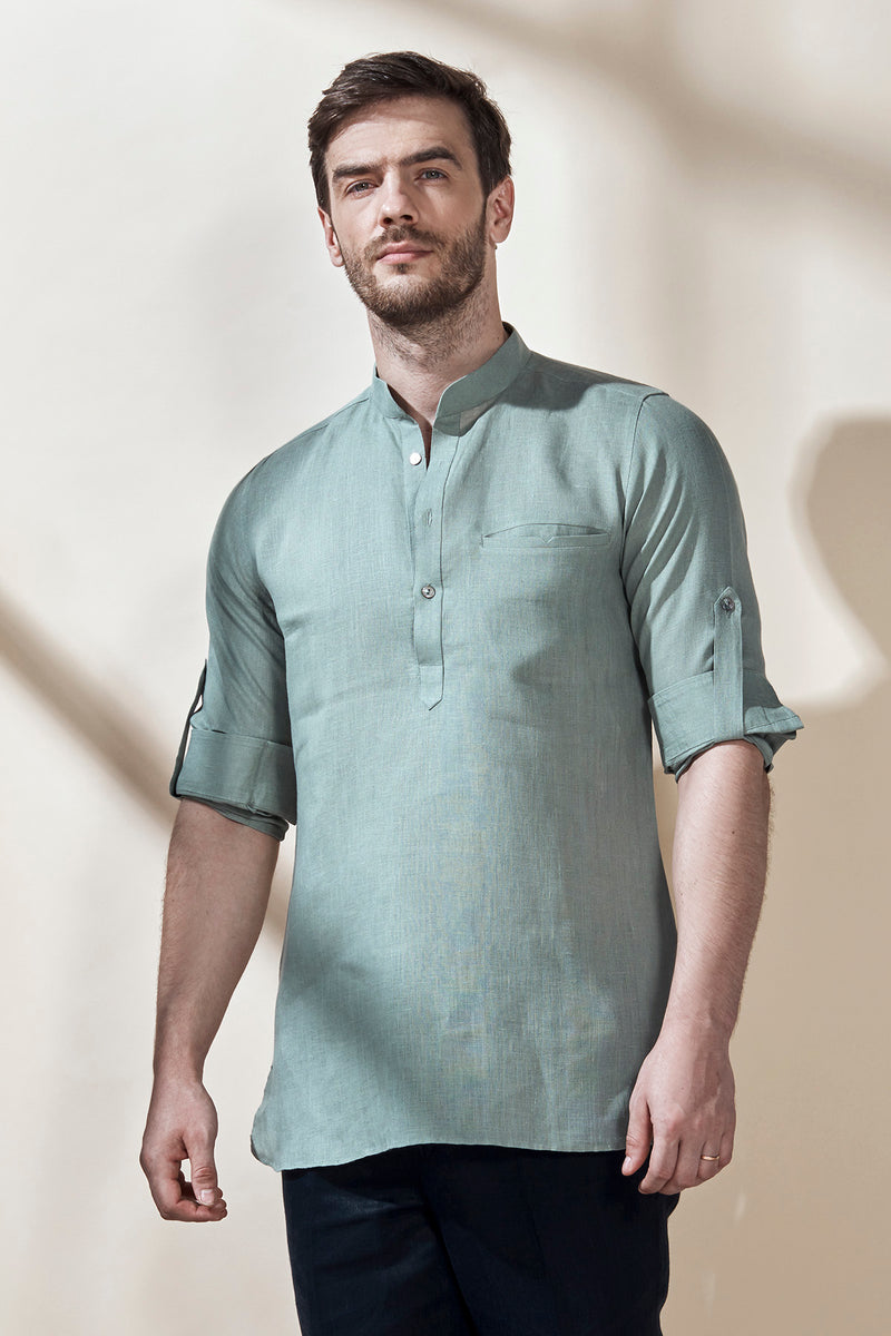 Mandarin Collar Kurta With Rolled Up Sleeves-Yellwithus.com