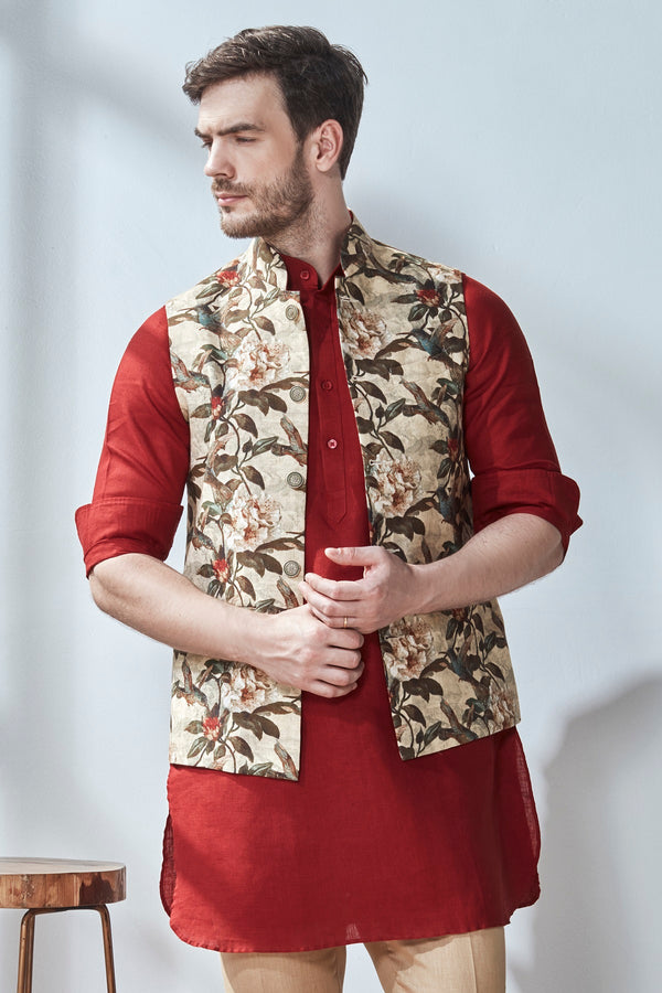 The Norio Nehru Jacket Linen Maroon Buds - Yellwithus.com