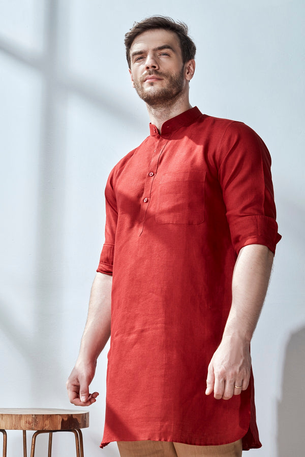 Handsome High Ethnic Beet Red Linen Kurta-Yellwithus.com