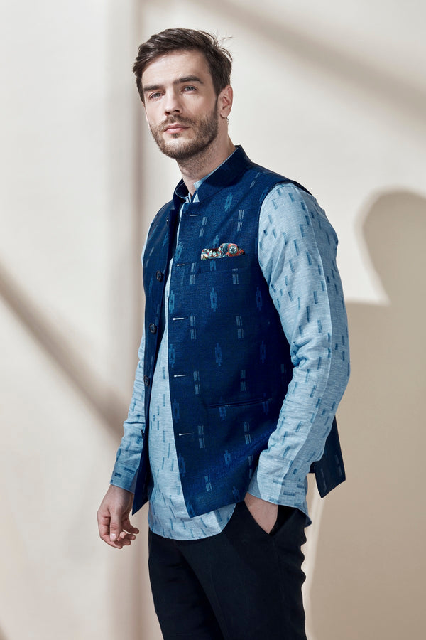 The Azul Nehru Jacket Blue Linen Nehru Jacket Design - Yellwithus.com