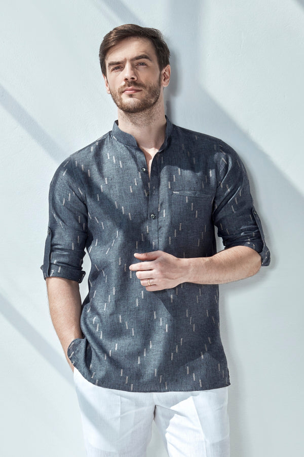 Mandarin Collar Kurta With Rolled Up Sleeves-Yellwithus.com