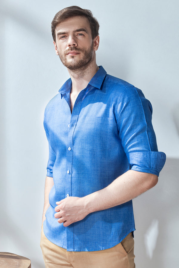 Extended Collar Linen Shirt - Denim Blue - Yellwithus.com
