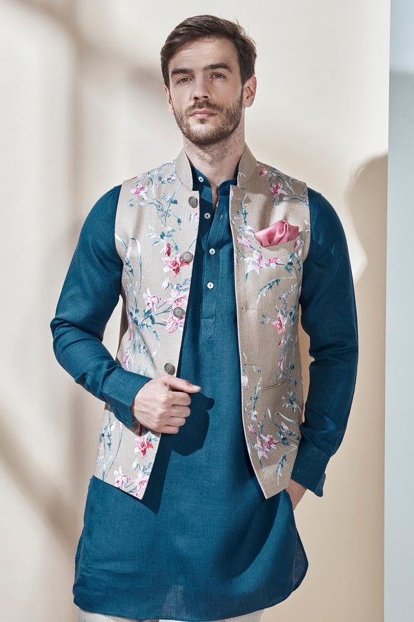 The Norio Nehru Jacket Natural Pink Flower for Wedding - Yellwithus.com