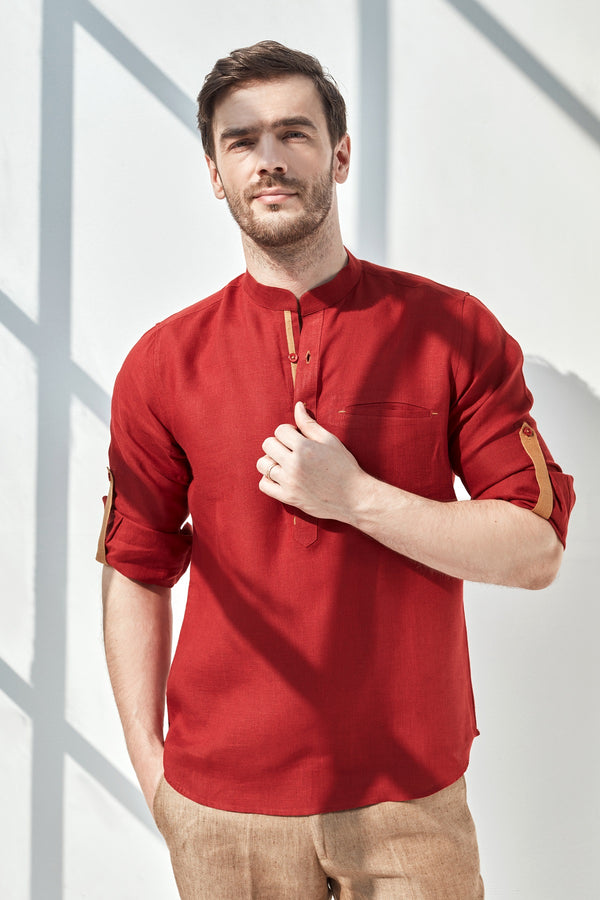 Striped Natural Kurta - Beet Red Linen Kurta for Man - Yellwithus.com