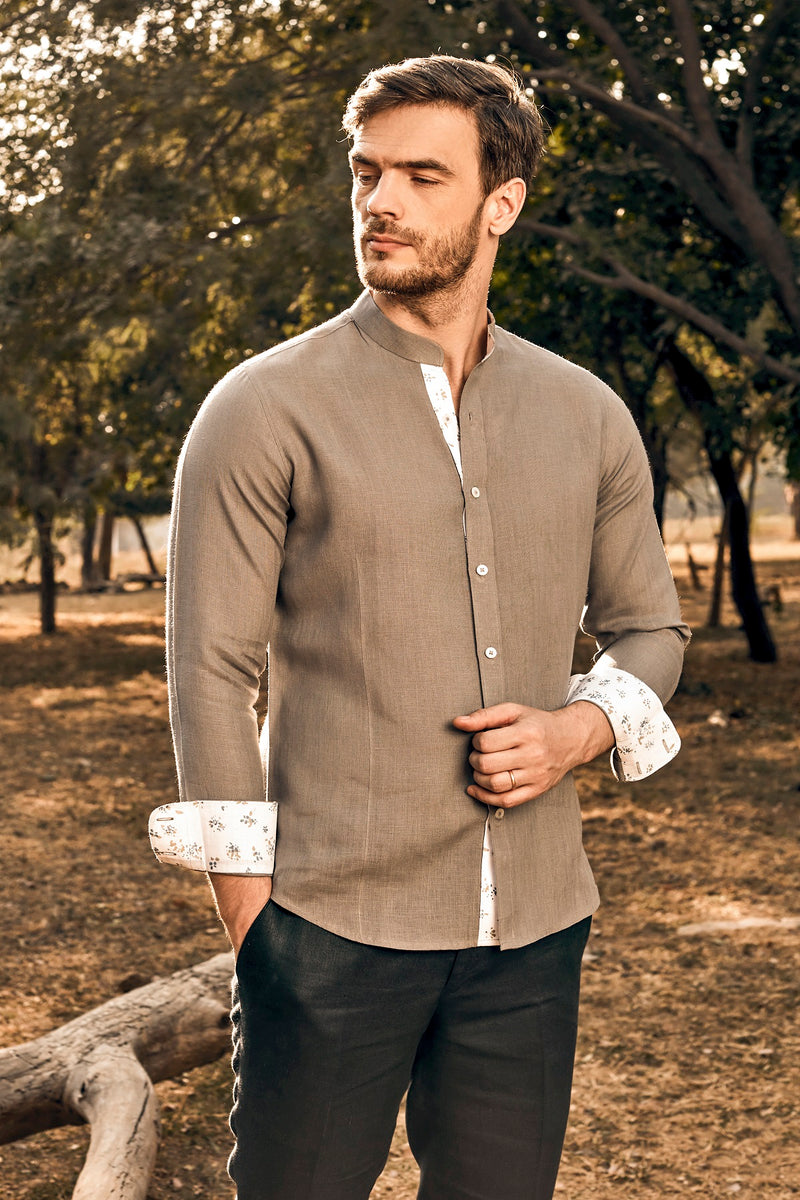 Mandarin Collar Gray Linen Shirt - Yellwithus.com