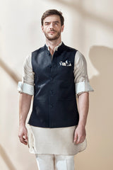 The Samrat Dark Blue Linen Nehru Jacket for Man - Yellwithus.com