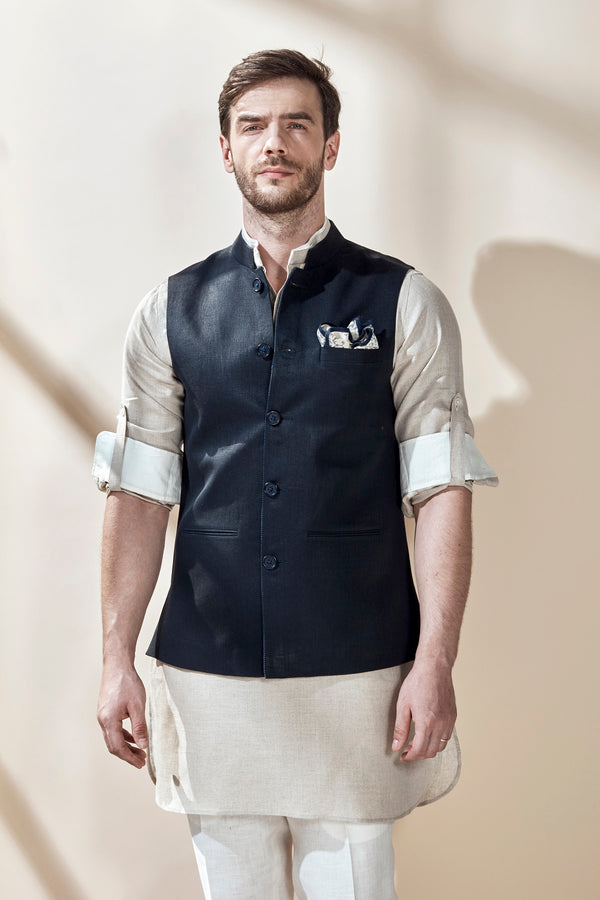 The Samrat Dark Blue Linen Nehru Jacket for Man - Yellwithus.com