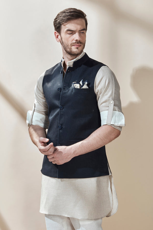 The Samrat Dark Blue Linen Nehru Jacket for Man - Yellwithus.com
