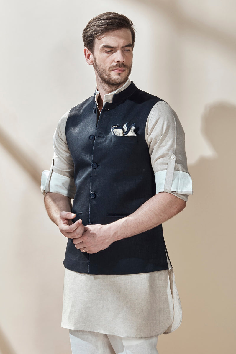 The Samrat Dark Blue Linen Nehru Jacket for Man - Yellwithus.com
