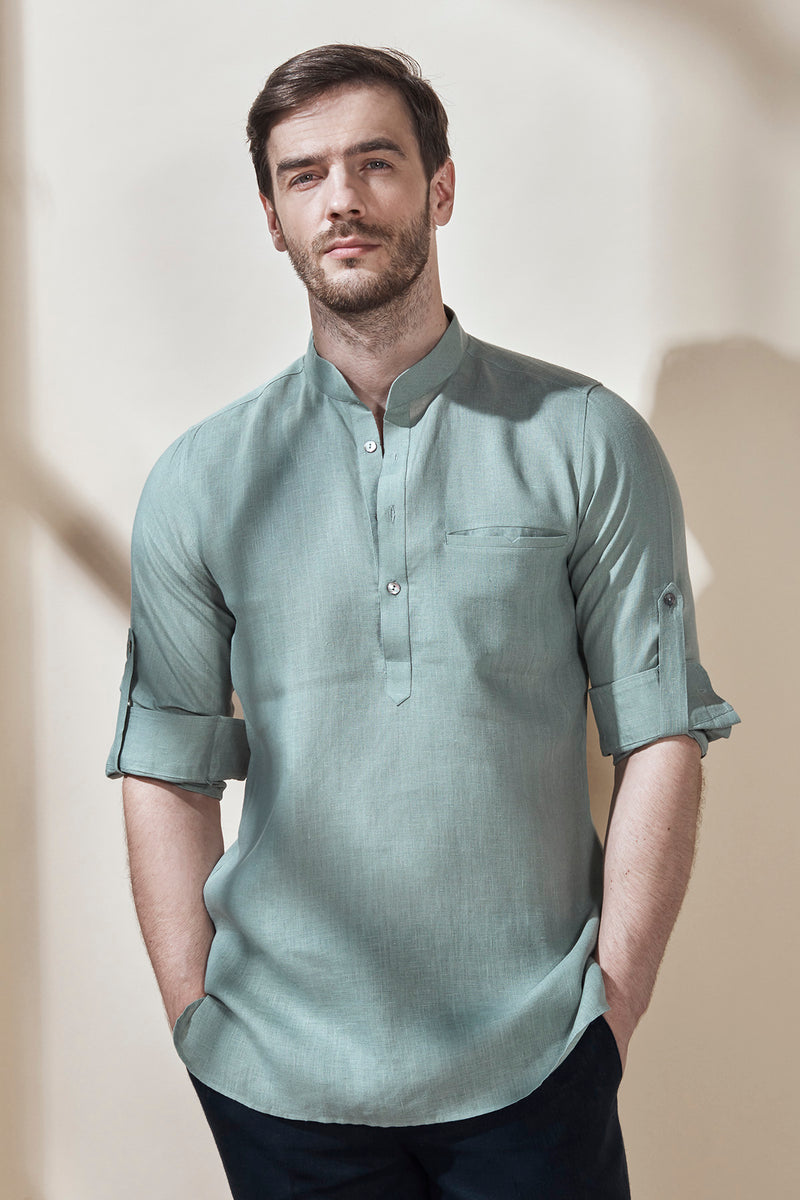 Mandarin Collar Kurta With Rolled Up Sleeves-Yellwithus.com