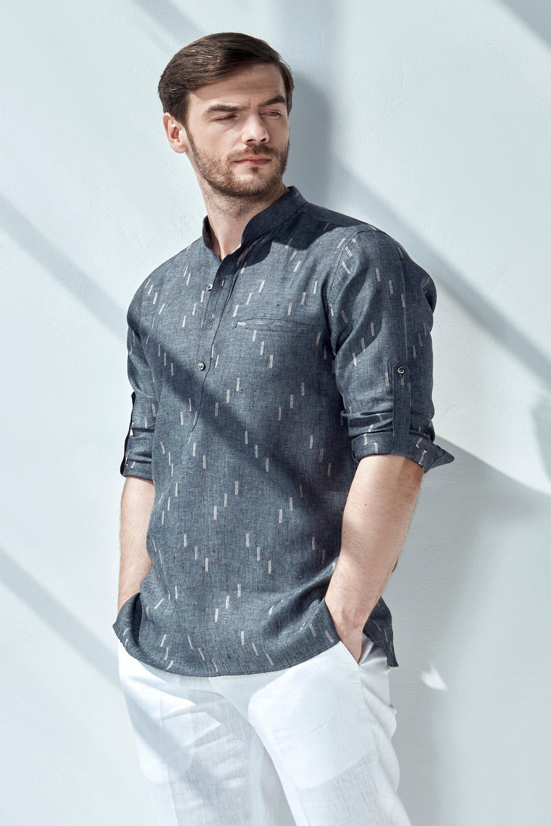 Mandarin Collar Kurta With Rolled Up Sleeves-Yellwithus.com