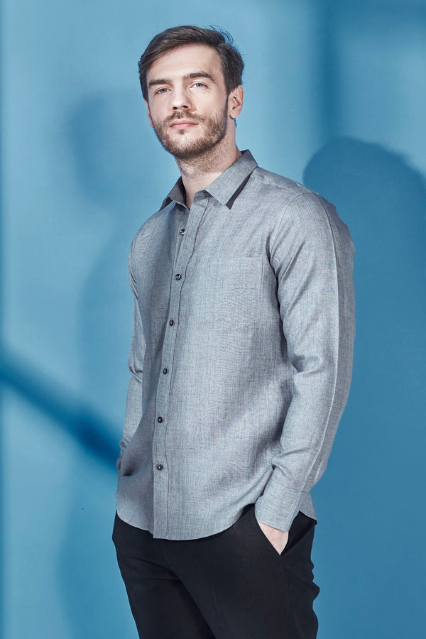 Extended Collar Linen Shirt - Gray Chambray - Yellwithus.com