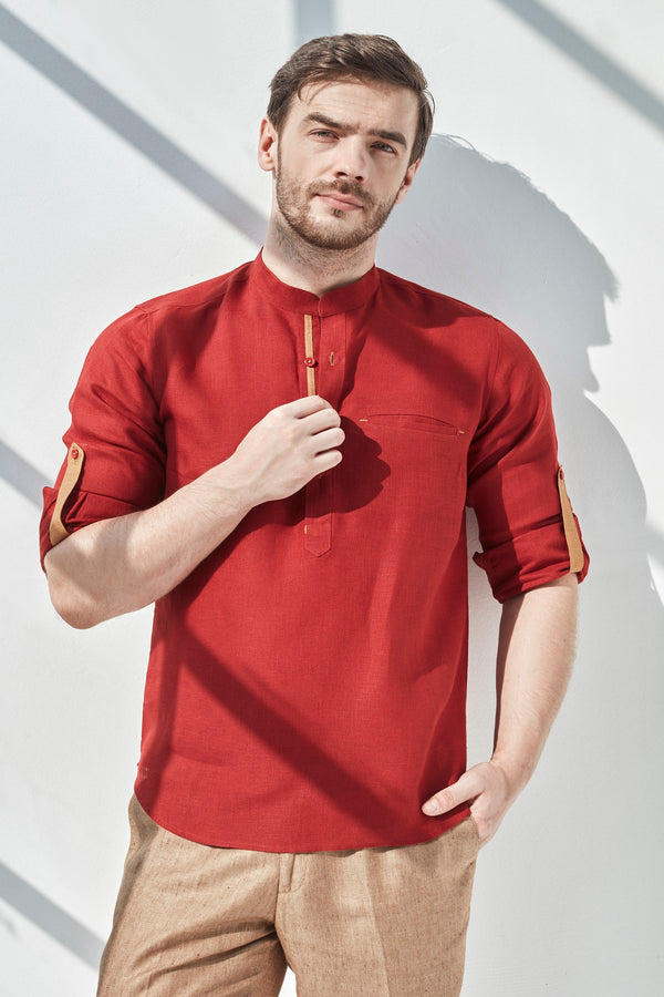 Striped Natural Kurta - Beet Red Linen Kurta for Man - Yellwithus.com