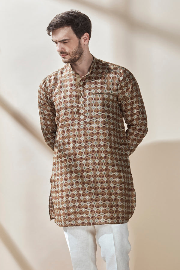 The Occhave Brown Printed Linen Kurta for Men - Yellwithus.com