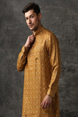 Printed Linen Kurta - Chinese Collar Gold Brown Kurta for Men | Yellwithus.com