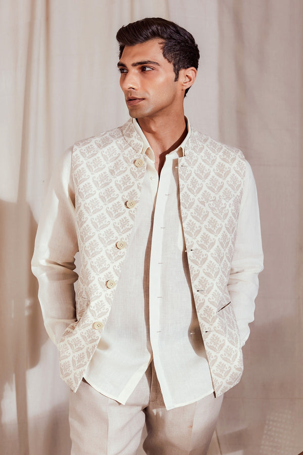 The Heritage - Beige Linen Nehru Jacket for Man | Yellwithus.com