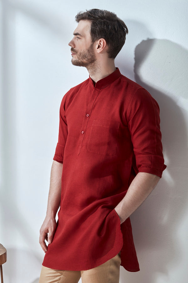 Handsome High Ethnic Beet Red Linen Kurta-Yellwithus.com