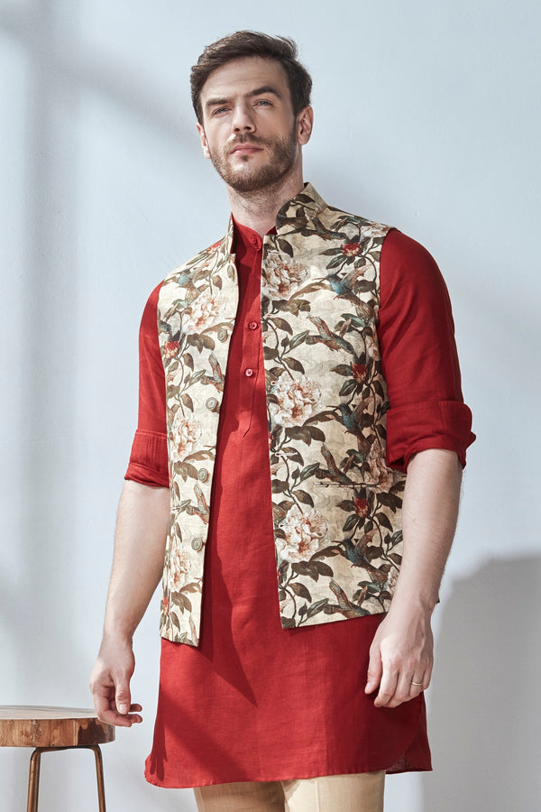 The Norio Nehru Jacket Linen Maroon Buds - Yellwithus.com