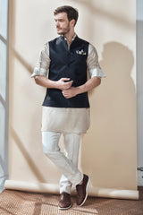 The Samrat Dark Blue Linen Nehru Jacket for Man - Yellwithus.com