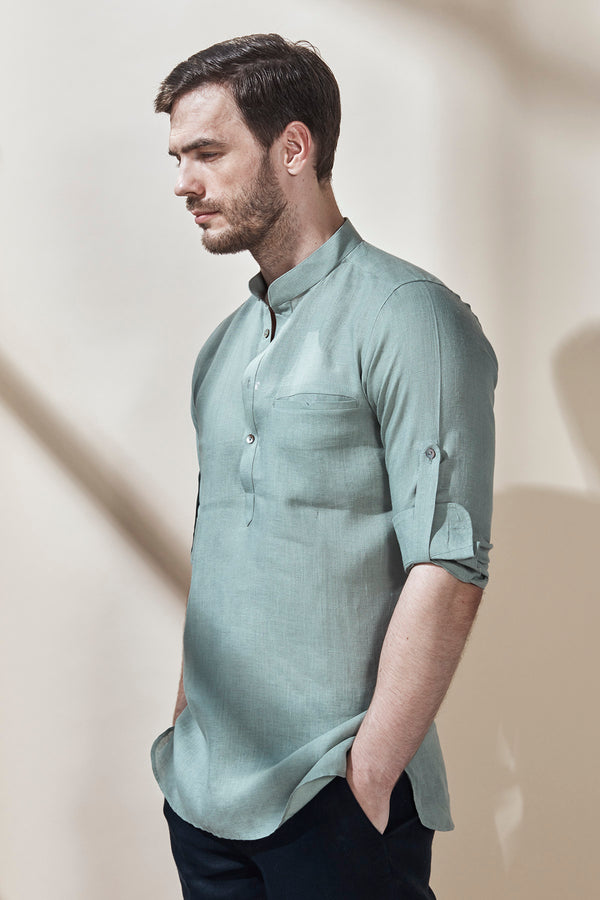 Mandarin Collar Kurta With Rolled Up Sleeves-Yellwithus.com