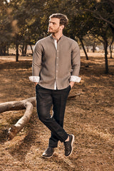Mandarin Collar Gray Linen Shirt - Yellwithus.com
