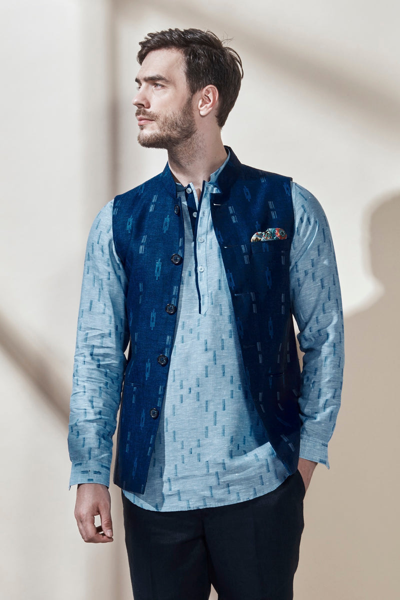 The Azul Nehru Jacket Blue Linen Nehru Jacket Design - Yellwithus.com