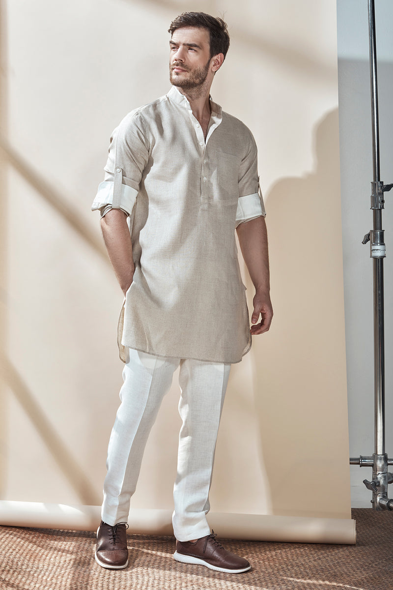 Mandarin Traditional Vibe Designer Linen Kurta for Men - Yellwithus