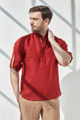 Striped Natural Kurta - Beet Red Linen Kurta for Man - Yellwithus.com