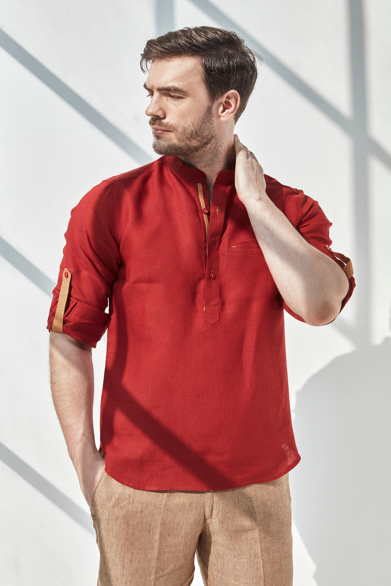 Striped Natural Kurta - Beet Red Linen Kurta for Man - Yellwithus.com