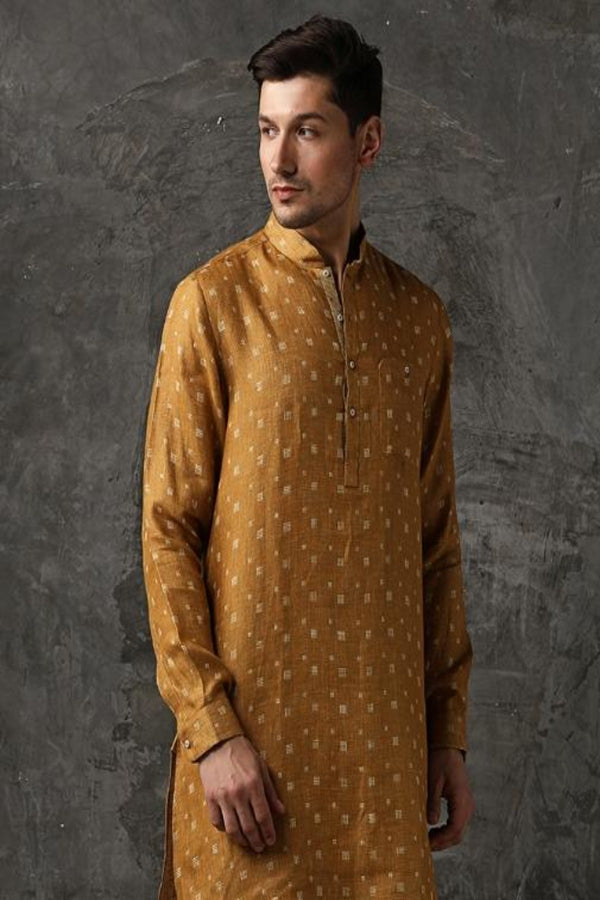 Printed Linen Kurta - Chinese Collar Gold Brown Kurta for Men | Yellwithus.com