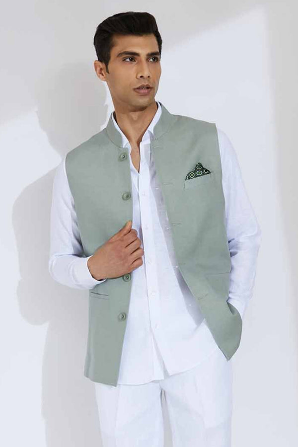The Terra Firma - Linen Mint Green Nehru Jacket for Man | Yellwithus