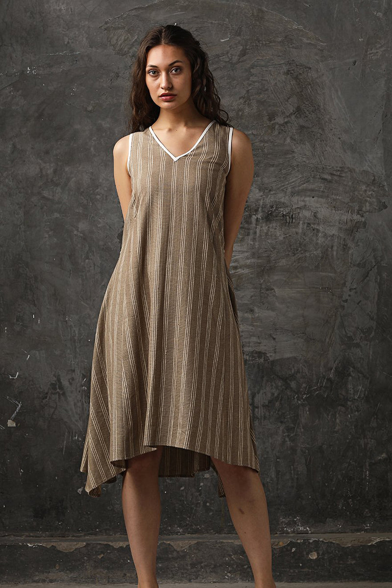Fashion Faithful Brown Stripes Flared Dress-Yellwithus.com