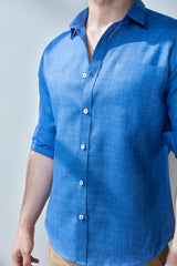 Extended Collar Linen Shirt - Denim Blue - Yellwithus.com