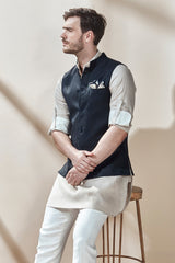 The Samrat Dark Blue Linen Nehru Jacket for Man - Yellwithus.com